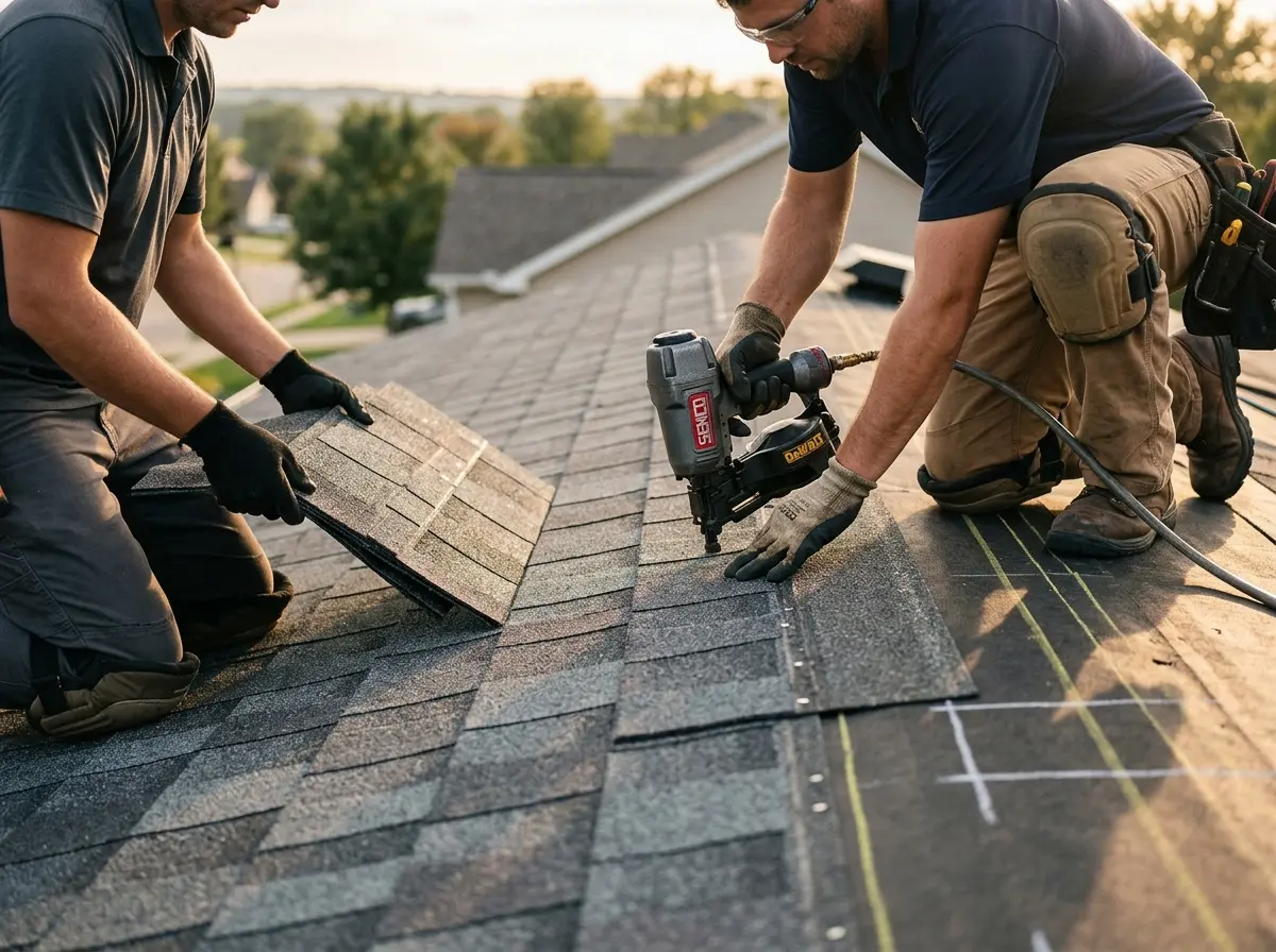 Professional roofer working on a residential roof in Gridley